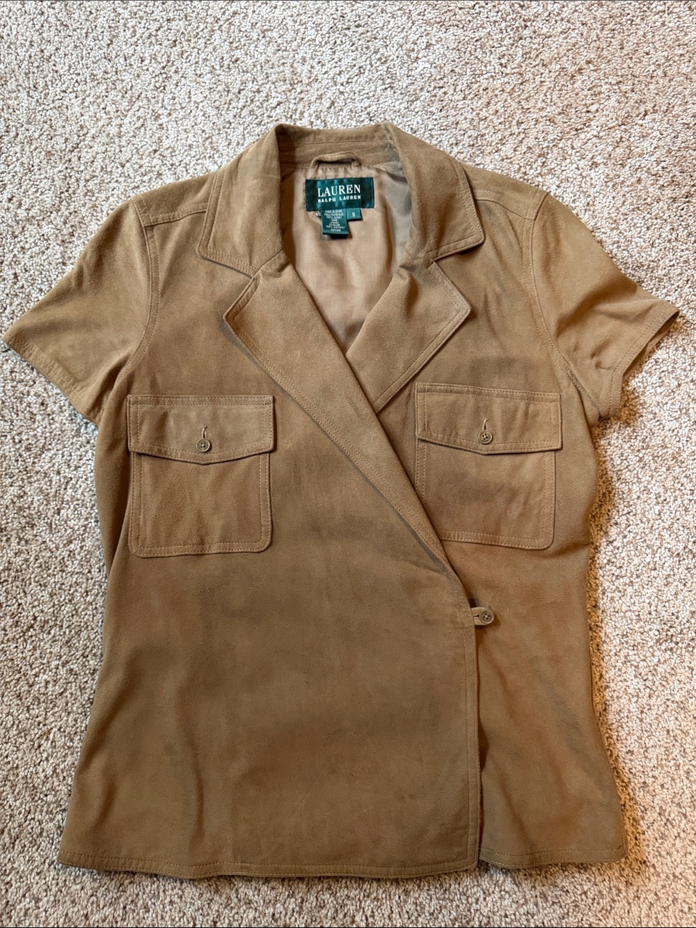 LAUREN Ralph Lauren Tan Short-Sleeve SUEDE wrap shirt.